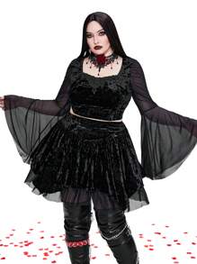 Whyspr Goth Punk Plus Size Velvet Collared Long Sleeve Punk Style Waist Cinching 2 Pieces Set For Holiday Party Clothes