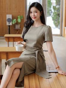 Wynsel Summer Elegant Solid Color Round Neck Pleat Bowknot Mid-Length Dress For Women SunDress - Khaki - View 3