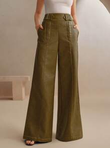 Anewsta Vintage Distressed Wide Leg PU Leather Pocket Pants, Business Casual Women For Spring/Summer - Army Green - View 4