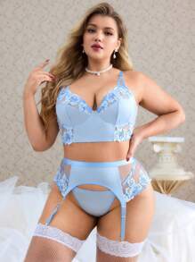 大码性感内衣套装，刺绣花卉拼布缎面 4 件套
