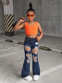 SHEIN Tween Girl Y2K Solid Washed Ripped Flared Denim Jeans, Fall Clothes Back To School Streetwear - Dark Wash - View 4