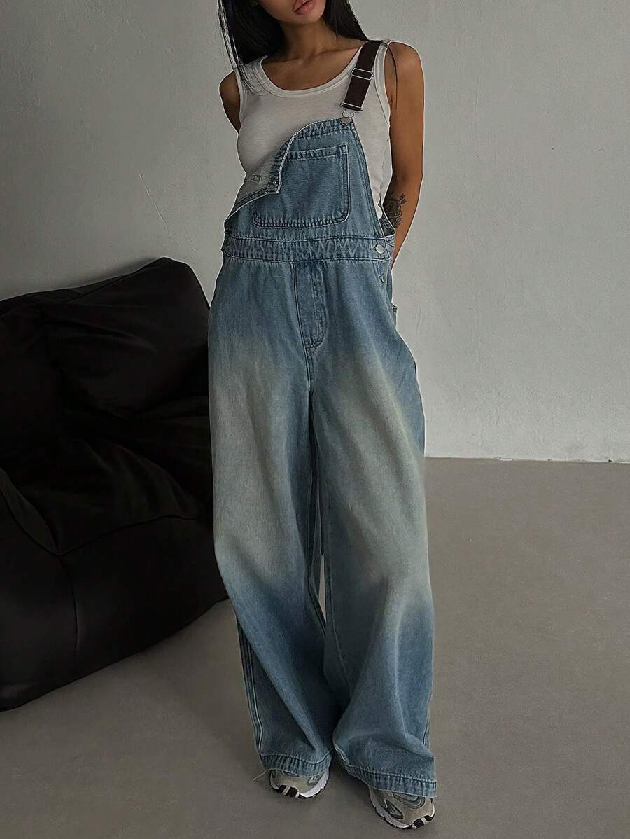 DAZY Women's Contrast Color Strap Loose Casual Wide Leg Denim Jumpsuit - Medium Wash - View 1