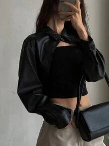 DAZY 女士纯色前扣长袖休闲 PU 皮夹克，日常穿着，秋季服装 - 黑色 - 查看 6