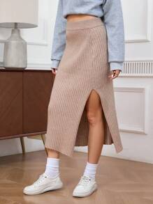 INAWLY 女士休闲日常开衩针织裙，秋冬 - 駝色 - 查看 6