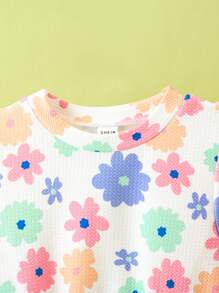Girls Digital Ditsy Floral Mixed Solid Color Dress, Suitable For Autumn/Winter