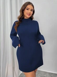 SHEIN Unity Đầm ôm sát cổ cao tay dài cỡ lớn cho nữ, màu đen thanh lịch - Màu xanh hải quân - Xem 5