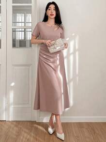 DAZY Đầm dài trơn khoét lỗ, xếp ly, viền ren cho nữ, đầm maxi. - Hồng - Xem 3