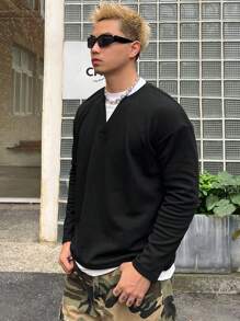 DAZY Camiseta Manga Longa Casual Masculina Bicolor Preta 2 em 1, Outono - Preto - Visão 5