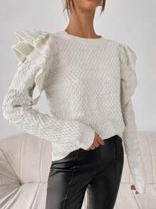 Chiquease Solid Color Pullover Sweater, Long Sleeve, Casual & Simple Style For Daily Wear Knit Pullover Fall Winter Sweater - Beige - View 5