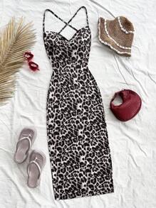 Soleia Casual Romantic Vacation White Leopard Print Off-Shoulder Sexy Open Back Tie Strap Dress