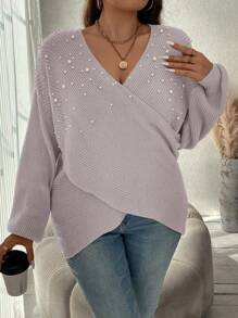 SHEIN Clasi Plus Size Autumn/Winter Casual Beaded Decor Crossed Wrap Knit Sweater - Dusty Pink - View 5