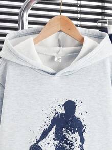 SHEIN Leap Crew 2 Pieces Teen Boys Casual Basketball Player Graphic Print White Hoodie And Black Cuffed Pants Set, Suitable For Autumn, Spring, Sports, School, Casual Daily Wear, Fleece, Thickened - Grey - View 6