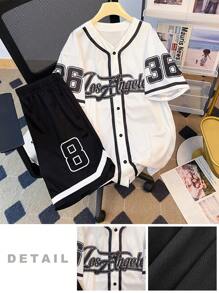 SHEIN 2 件青少年男孩休闲短袖衬衫 + 短裤套装，街头朋克摇滚学校日常外出派对音乐节服装，适合春夏季，男孩服装青少年服装篮球服，运动，数字和英语，色块 - 彩色 - 查看 4