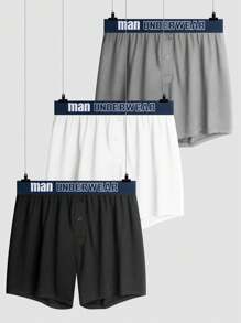 Manfinity Underwear&Sleepwear Basics 3 أزواج من بنطلونات الرجال اللون الأحادي قطع ملونة مطبوع عليها رسائل للإرتداء المنزلي الكاجوال