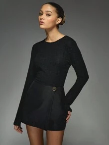 MISSGUIDED Bộ đồ liền thân quấn phía trước tay dài Texture Skort - màu đen - Xem 1