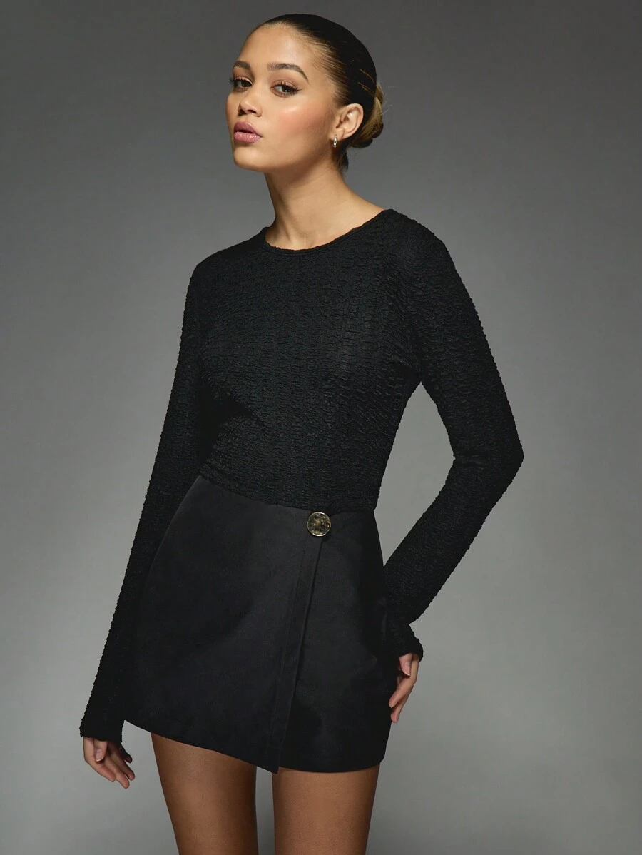 MISSGUIDED Bộ đồ liền thân quấn phía trước tay dài Texture Skort - màu đen - Xem 1