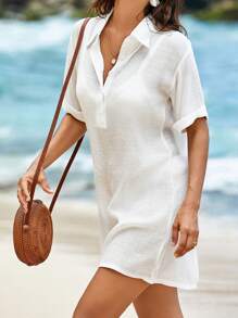 Swim Lushoire Summer Women's Lapel Half Sleeve Casual Vacation Beach Solid Color Woven Swimwear Cover Up - White - View 6