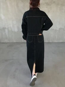 FRIFUL 女士前扣长袖简约衬衫和牛仔裙 2 件套 - 藍色 - 查看 6