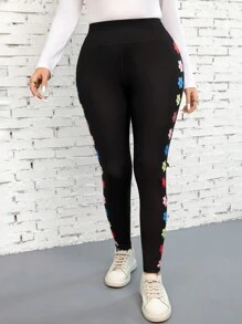 SHEIN LUNE Plus Size Women Floral Print Skinny Leggings, Sports & Casual Wear Vacation Outfits Woman Black Leggings Summer Outfits For Women