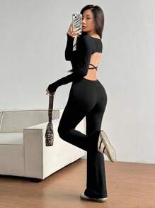 SHEIN Unity Backless Long Sleeve Wide Leg Jumpsuit - Black - View 1