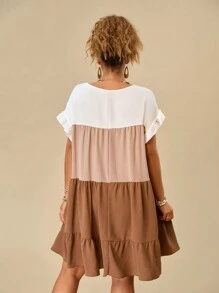 Travachic 大码女式海滩度假风格拼色拼接 A 字型无袖连衣裙，夏季大码夏季连衣裙大码休闲连衣裙大码棕色连衣裙 - 卡其色 - 查看 2