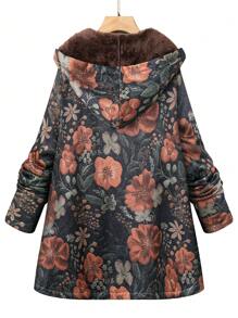大码女式花卉印花长袖拉链连帽休闲夹克，带保暖内衬，秋冬 - 彩色 - 查看 2