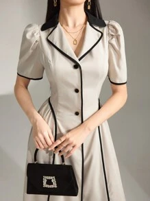 Heiryn Vestido largo casual de manga corta con botones y ribete de contraste para mujer