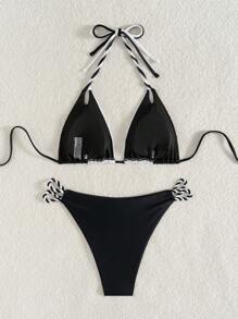 SHEIN Swim 女士夏季海滩拼色肩带双面系绳侧系带比基尼套装 - 黑與白 - 查看 4