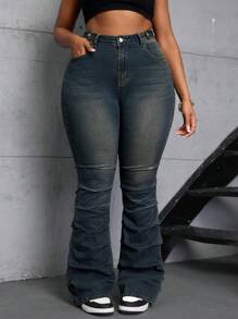 SHEIN SXY Plus Size Women Retro Denim Flare Pants With Side Pleats, Sliming, Blue