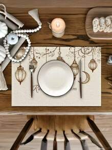 4 件/6 件斋月吉祥灯笼和月亮图案，可机洗涤纶餐垫，耐热、耐脏、耐热、防水且易于清洁的餐垫、餐桌装饰、节日派对布置、桌面保护，可用作礼物