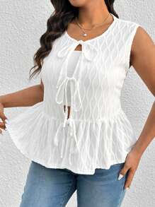 SHEIN Frenchy المرأة ذات الحجم الكبير ملابس علوية أساسي أبيض مع نسيج منسوج، تصميم أربطة فيونكة - أبيض - مشاهدة 4