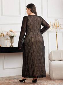 Modelyn Plus Size Asymmetrical Neckline Long Sleeve Casual Fitted Dress - Black - View 3