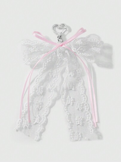 Kawaii 1 pieza Estilo coreano ins simple y casual, estilo universitario, accesorio de bolso con lazo rosa pálido, malla blanca, bordado de encaje y doble lazo en forma de corazón, adecuado para mujeres/niñas, uso diario y regalo