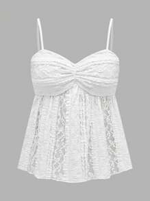 Olithes Women's Solid Color Spaghetti Strap Pleated Simple Tank Top, Casual Daily Wear - Apricot - View 1