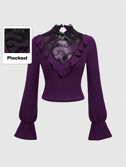 Retro Gothic Snake Pattern Semi-Sheer Flocked Fabric Puff Sleeve Blouse