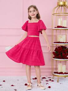 Tween Girls 可爱粉色情人节印花短袖上衣和松紧腰 A 字裙套装，夏季 - 玫紅色 - 查看 5