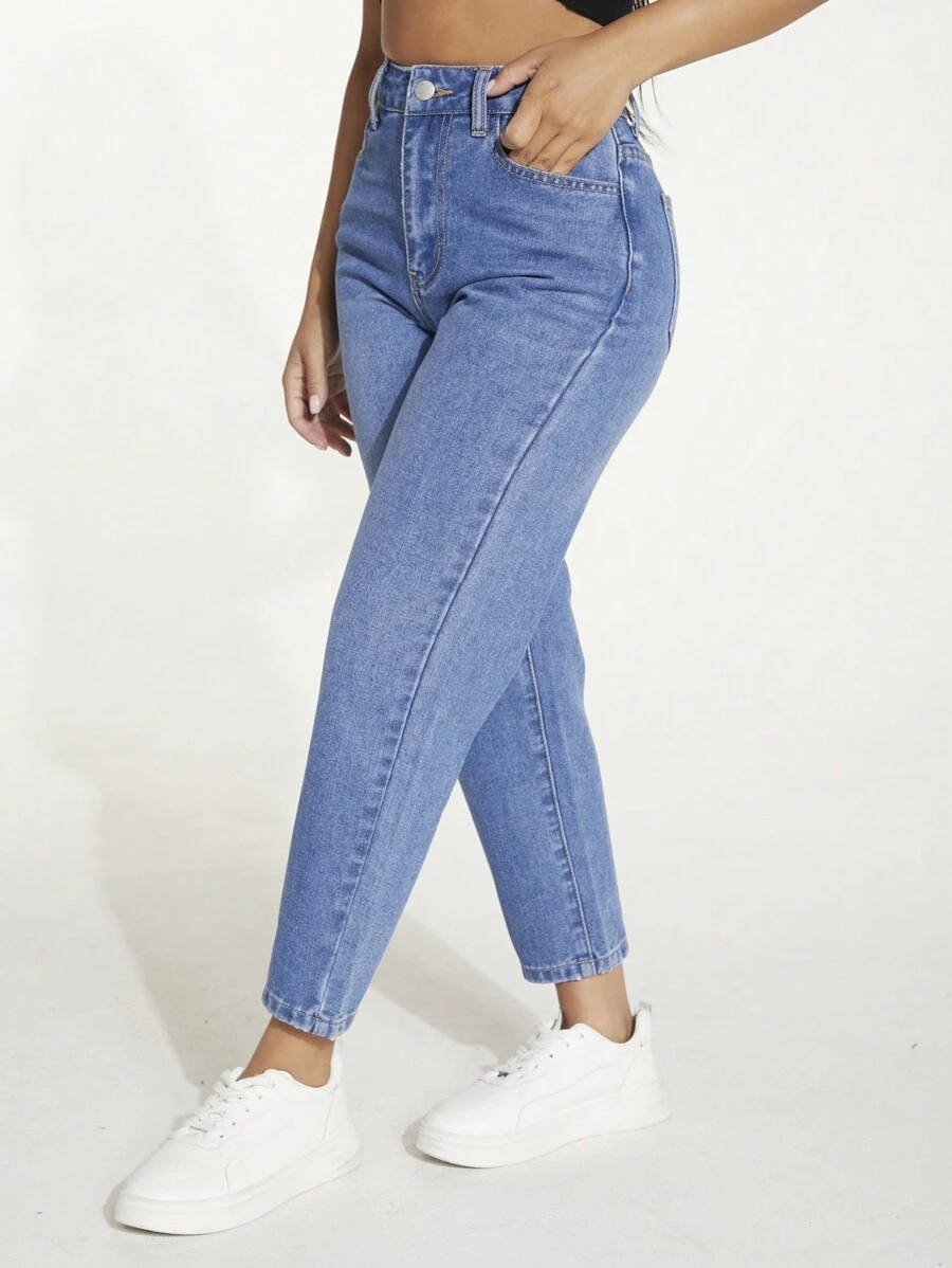 SHEIN PETITE Quần jean nữ Nút Túi Dây kéo màu trơn - Rửa trung bình - Xem 1