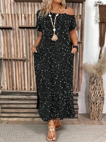 EMERY ROSE Plus Size Gold Foil Decor Asymmetrical Neck Long Dress - Black - View 5