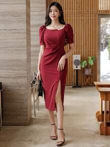 DAZY Vestido midi elegante de color liso con volantes asimétricos y abertura lateral para mujer, vestido de cóctel elegante