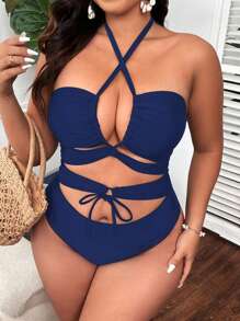 Swim Lushoire Đồ bơi một mảnh buộc dây màu trơn cỡ lớn cho nữ mùa hè - Xanh đậm - Xem 6