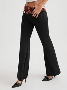 SHEIN Unity 1pc Women's Sexy Party Fashion Low Waist Leopard Print Ruched Contrast Color Flare Pants, Black, Autumn/Winter