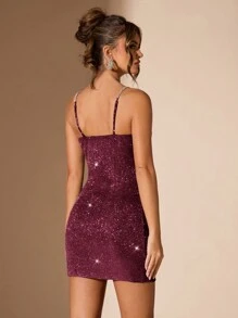 SHEIN BAE Vestido de fiesta con volantes asimétricos y lentejuelas sólidas de plata, sexy, elegante y dulce, ideal para fiestas con cócteles, citas románticas, vestido de punto para otoño/invierno, reuniones, ocasiones formales, vestidos de dama de honor, salidas nocturnas, Halloween, Navidad