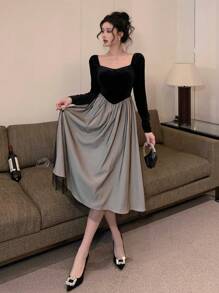 DAZY Lace Patchwork Sweet Heart Collar Long Sleeve Elegant Mid-Length Dress For Women,Fall Dress - Black - View 8