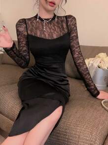 DAZY Women Casual Lace Patchwork Round Neck Long Sleeve Bodycon Black Elegant Dress Prom Dress
