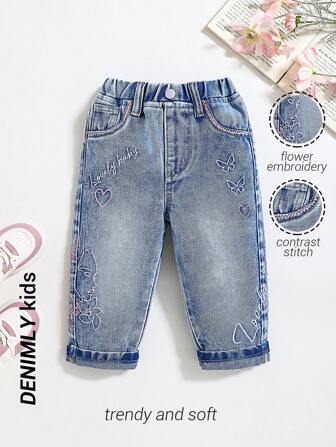 Pantalon en jean délavé bleu clair déchiré simple avec broderie pour tout-petits fille, pantalon en jean casual avec revers