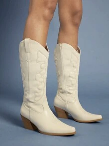 SHUZIA 女士时尚缝线细节及膝粗跟靴，女式牛仔靴 - 米色 - 查看 3