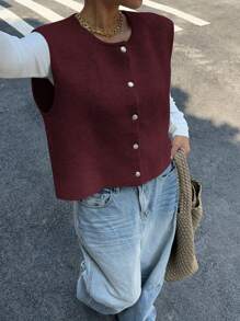 Siren Gaze Chaleco de lana sin mangas casual de unicolor con botones de metal para mujer