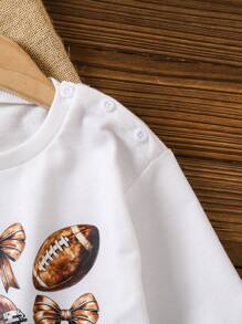 SHEIN Baby Girl Casual Cute Daily All-Match Versatile Football & Bow Design Long Sleeve Loose Fit Comfy Knit Bodysuit, Suitable For Spring & Autumn - Beige - View 4