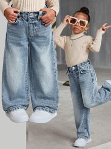 SHEIN Jeans larghi e morbidi in denim blu vintage di stile Y2K per giovani ragazze, pantaloni di jeans imbottiti in pile per tenere caldo in autunno e inverno