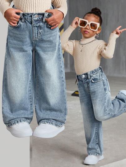 SHEIN Young Girl Y2K Vintage Blue Denim Fuzzy Wide Leg Baggy Jean, Fleece And Thicken Keep Warm Denim Pants, Girl Fall And Winter Clothes